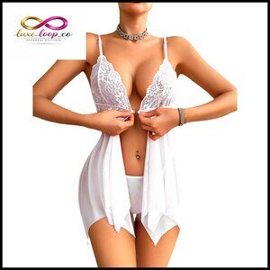 Front Closure Lace Babydoll Chemise with Thong, V-Neck Mesh Lingerie Dress